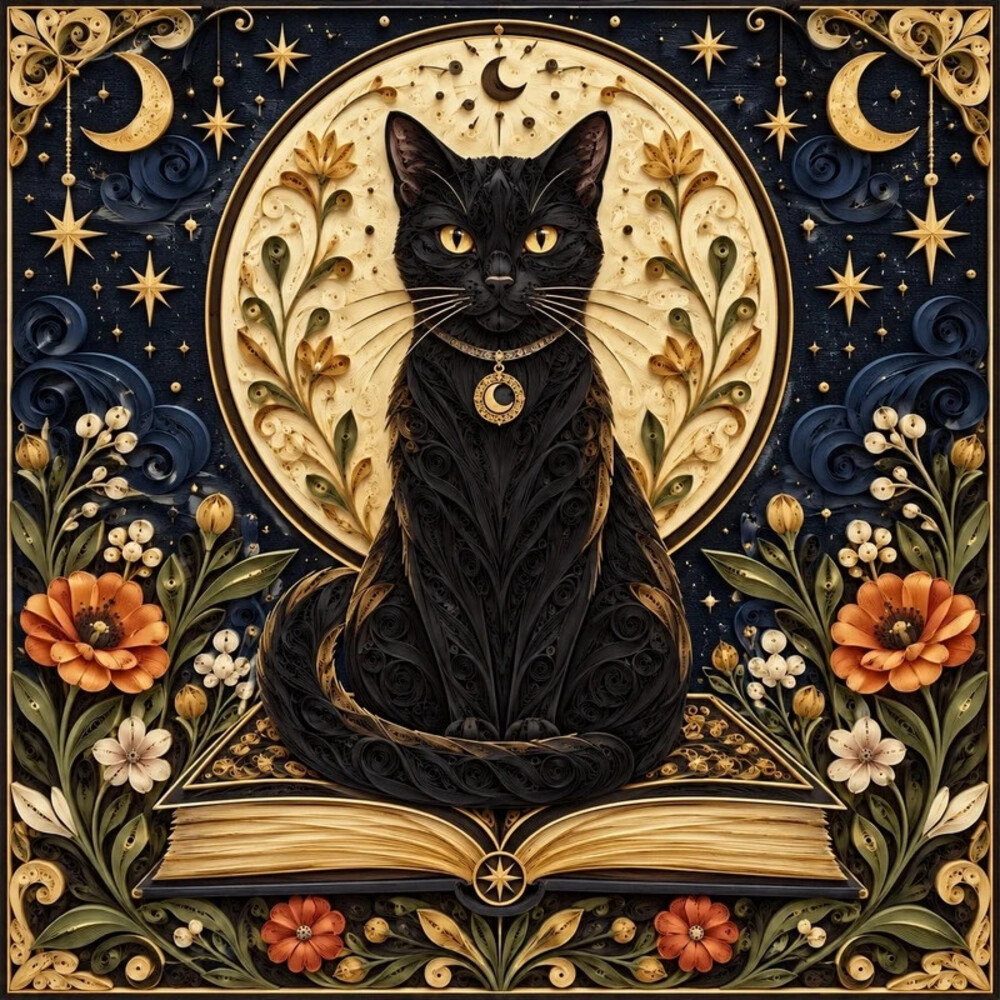 8x8 Framed Black Cat Book Quilling Art Print